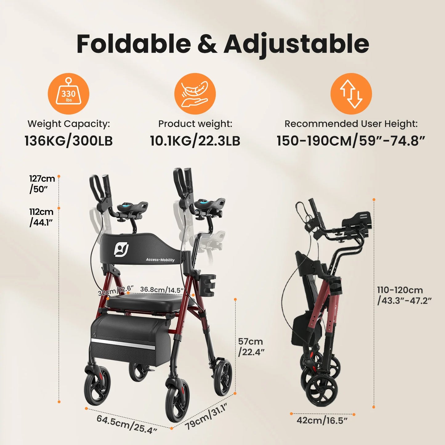 Maidesite Upright Walker Rollator With Padded Seat And Backrest