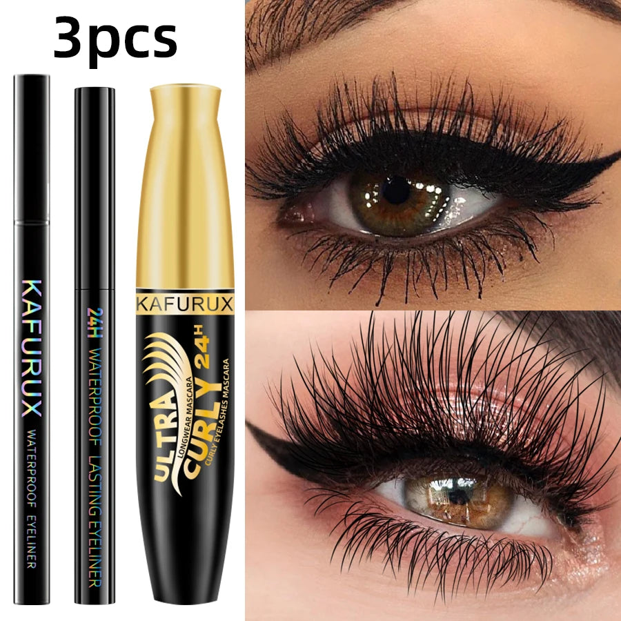3PCS Black Eyeliner Pencile+Mascara+Liquid Eyeliner Pen Set Waterproof Smudge-Proof for Bold Eye Makeup Gifts Natural Eyeliner