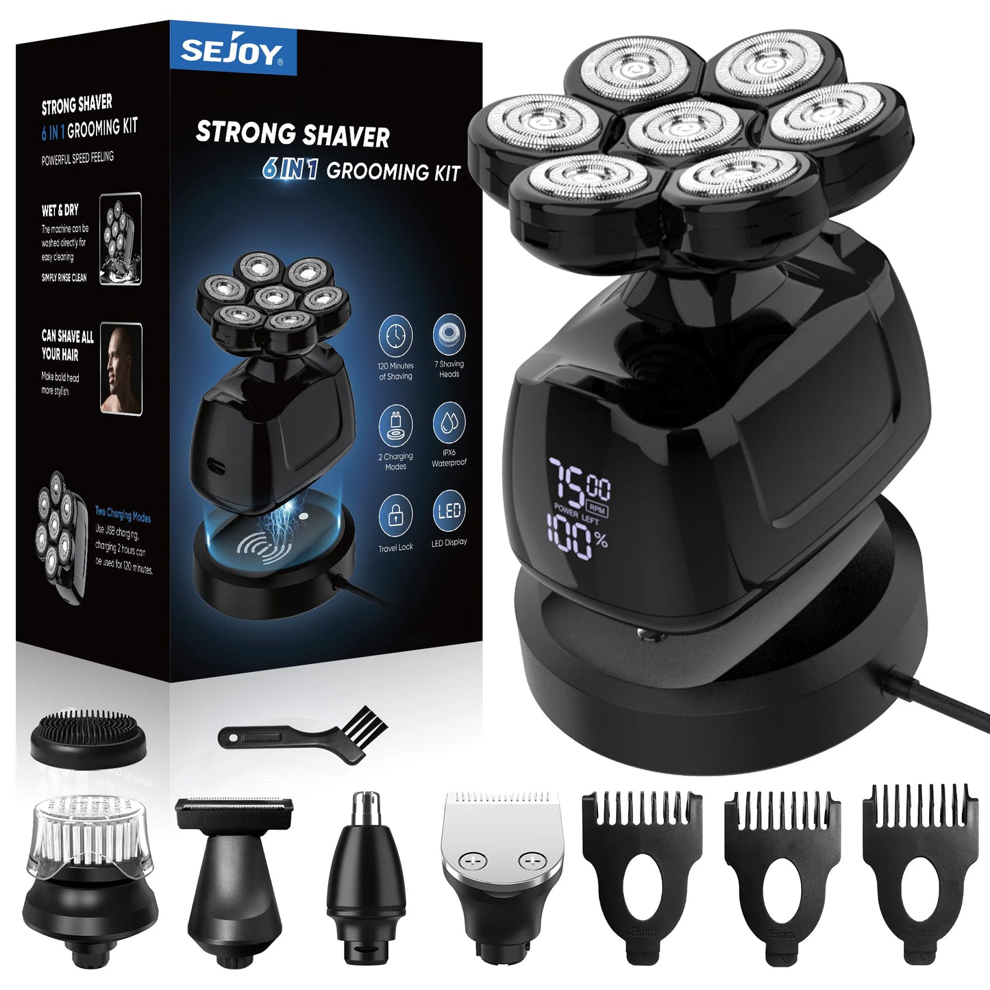 Sejoy 6-In-1 Waterproof Electric Razor With Nose Trimmer