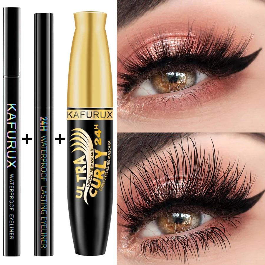 3PCS Black Eyeliner Pencile+Mascara+Liquid Eyeliner Pen Set Waterproof Smudge-Proof for Bold Eye Makeup Gifts Natural Eyeliner