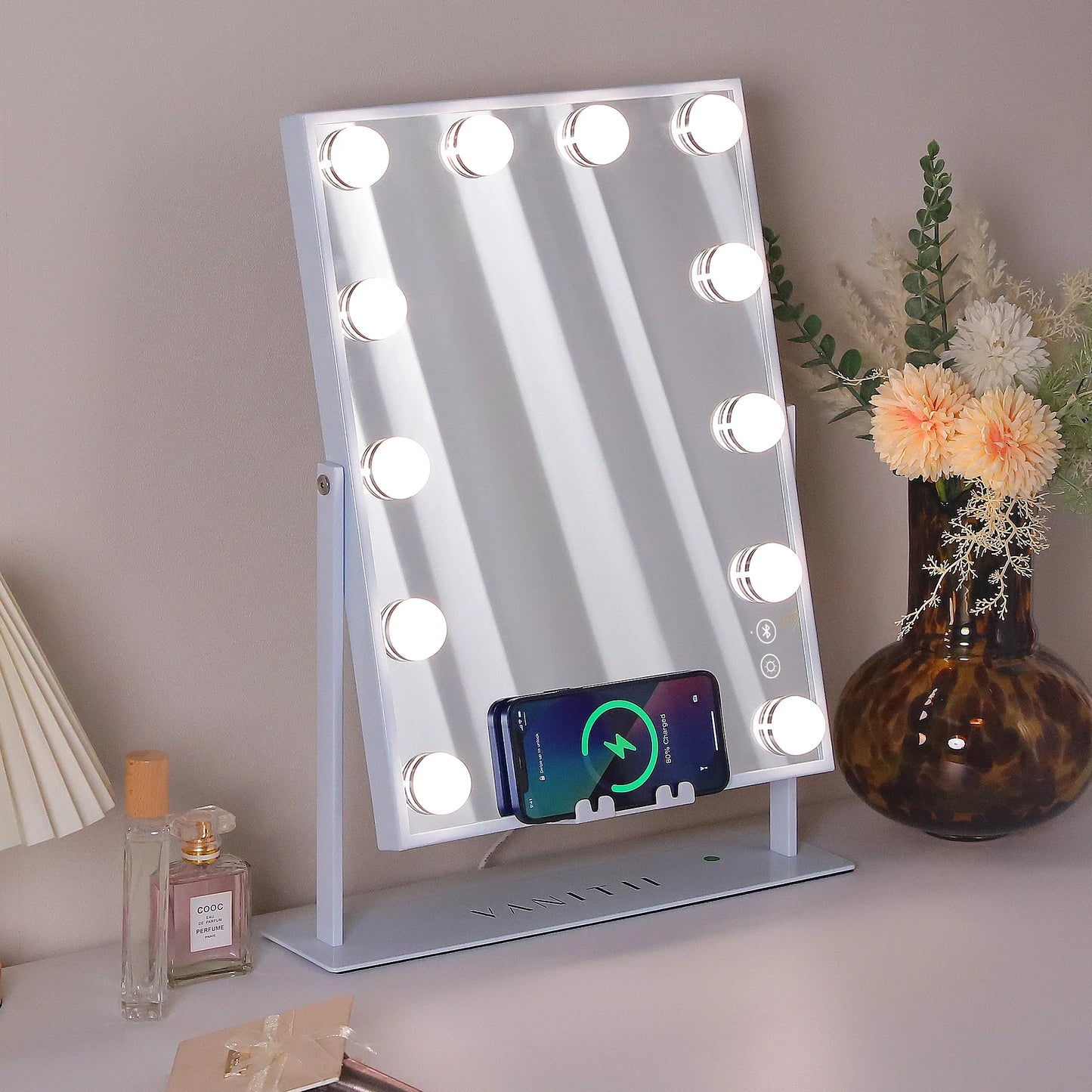 FENCHILIN Vanity Mirror With Lights Wireless Charger Bluetooth Speaker