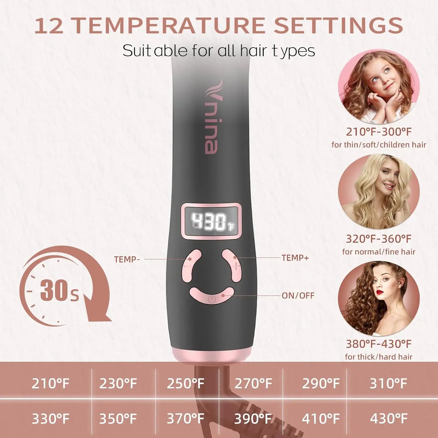 Rotating Curling Wand with 12 Temperature and Memory Mode