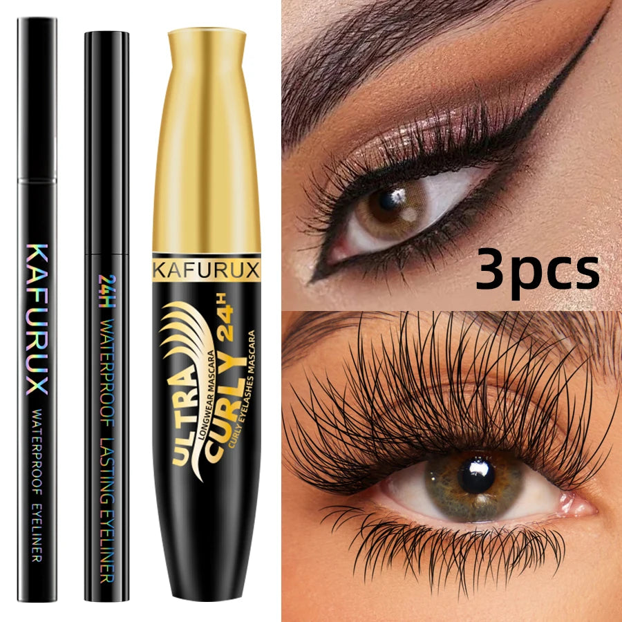 3PCS Black Eyeliner Pencile+Mascara+Liquid Eyeliner Pen Set Waterproof Smudge-Proof for Bold Eye Makeup Gifts Natural Eyeliner