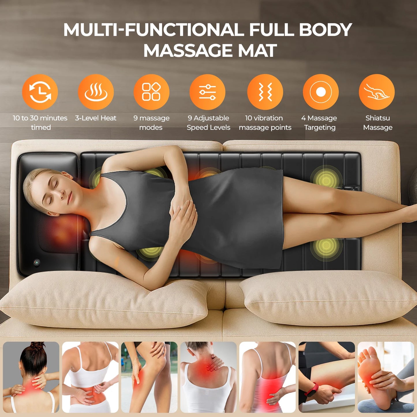 HIMOUTA Shiatsu Full Body Massage Mat With Heat Detachable Pad 10 Motors