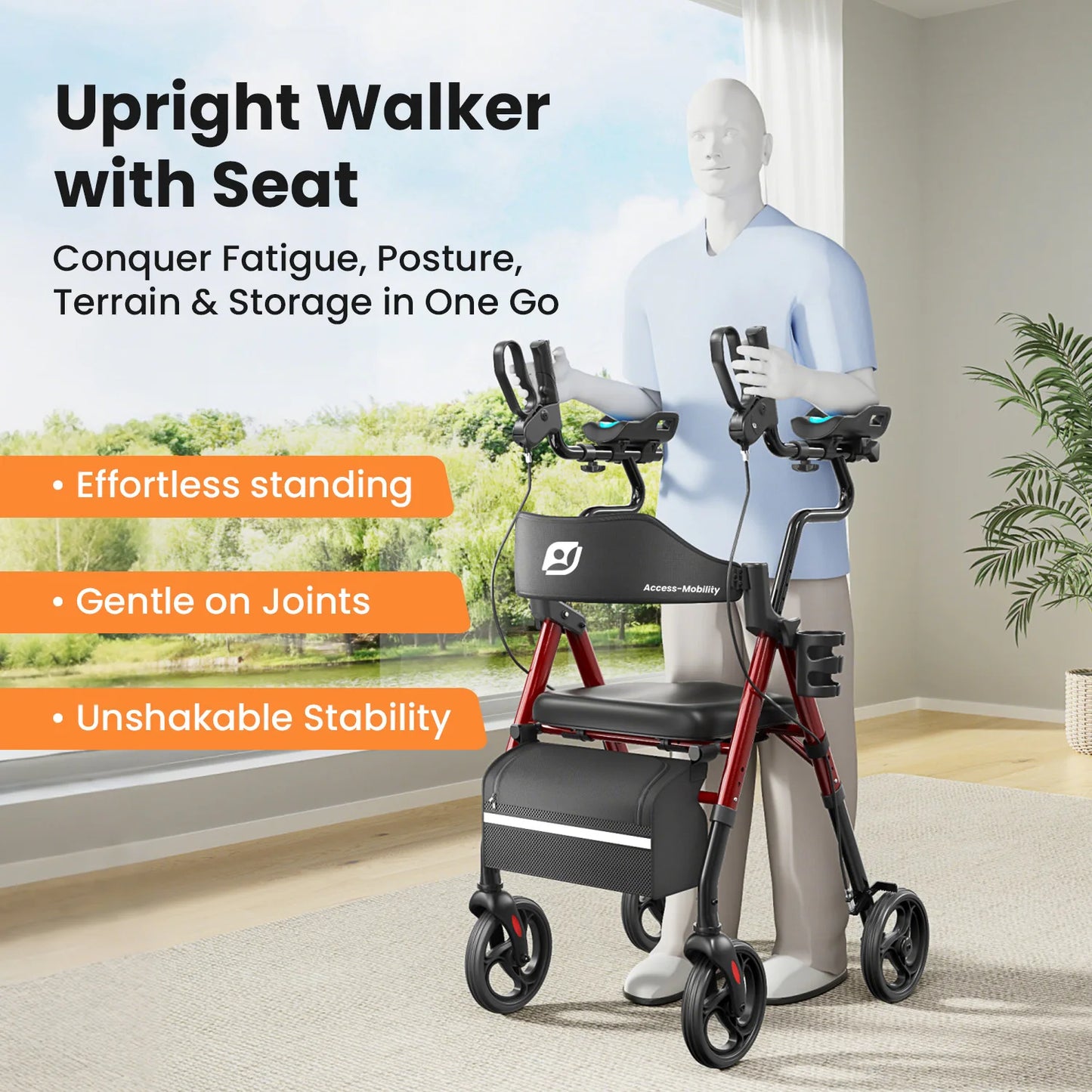 Maidesite Upright Walker Rollator With Padded Seat And Backrest