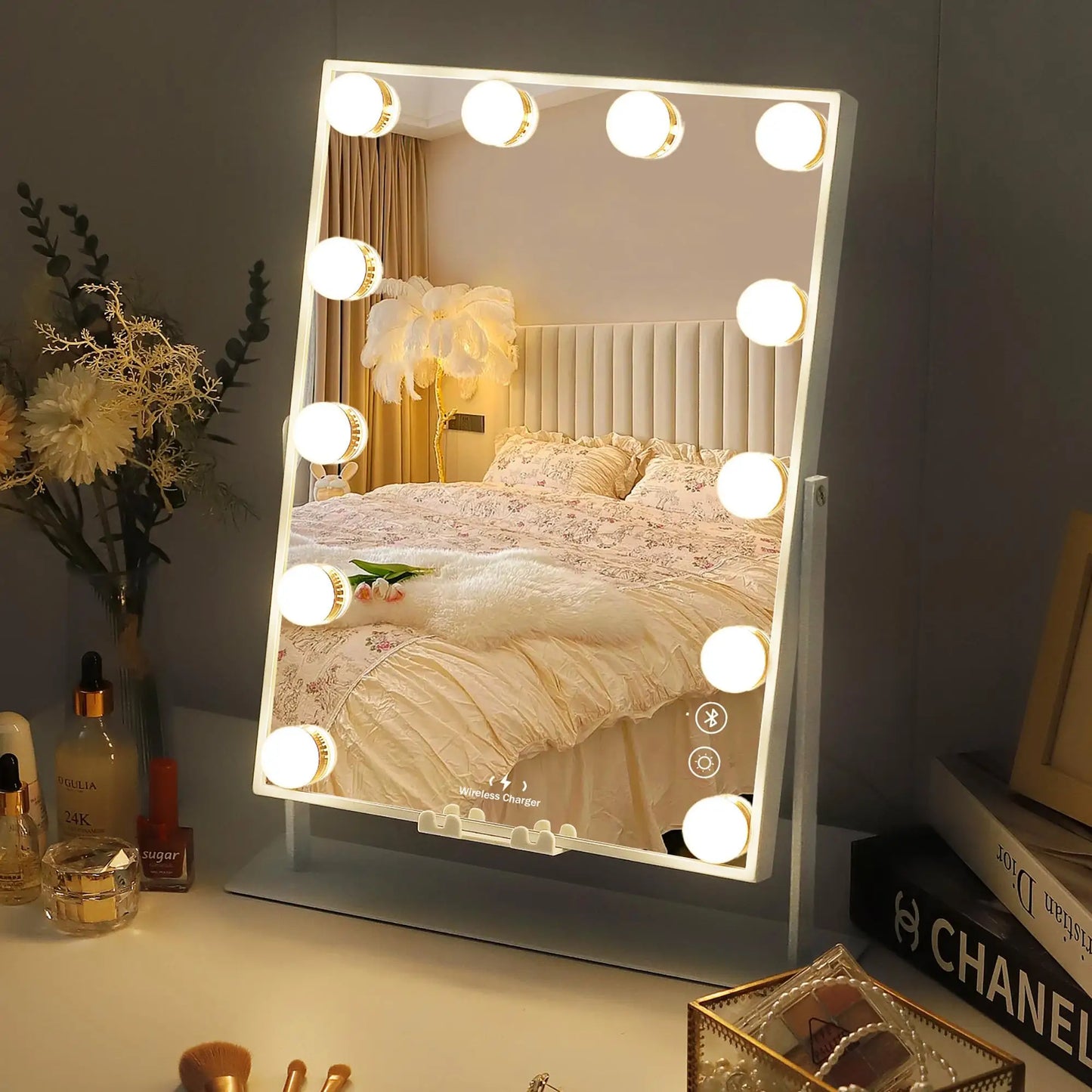FENCHILIN Vanity Mirror With Lights Wireless Charger Bluetooth Speaker