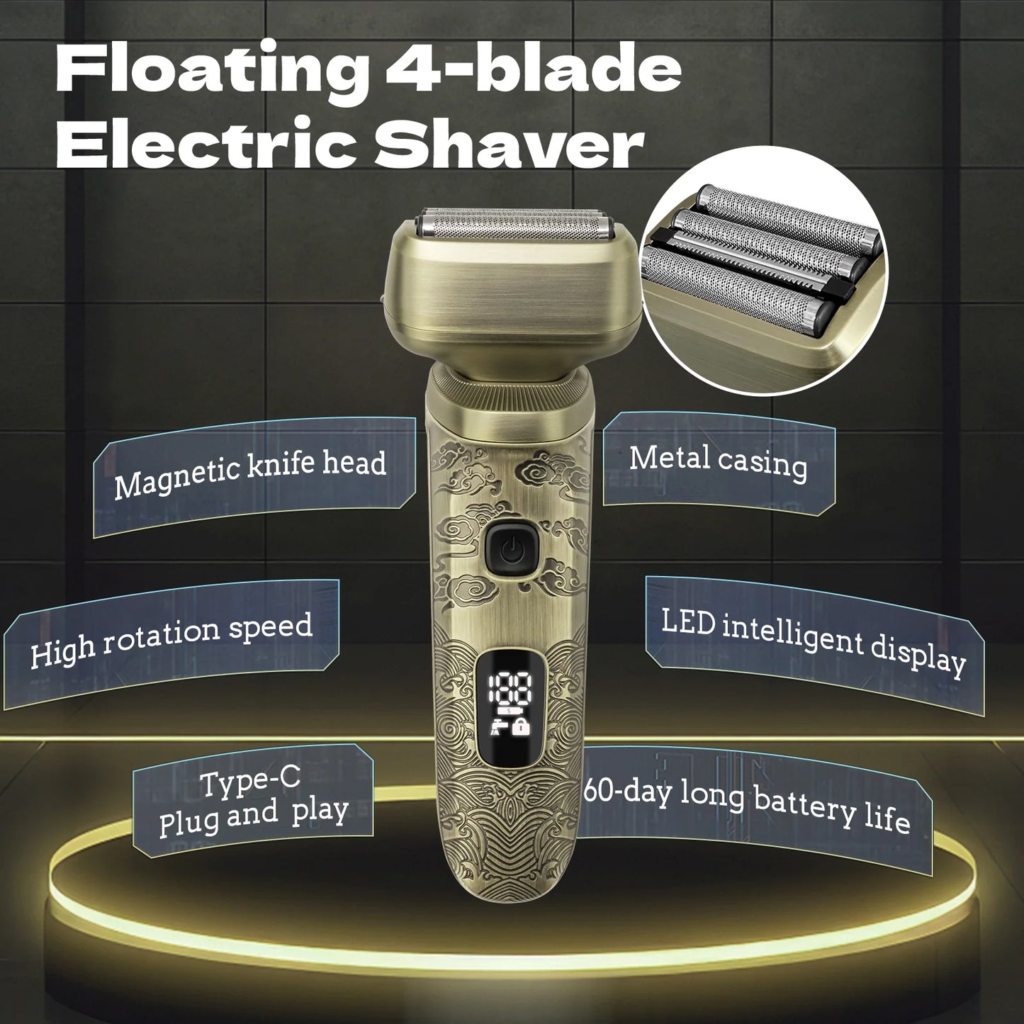 Oudim Bald Head Shaver With Four Floating Blades Wet Dry