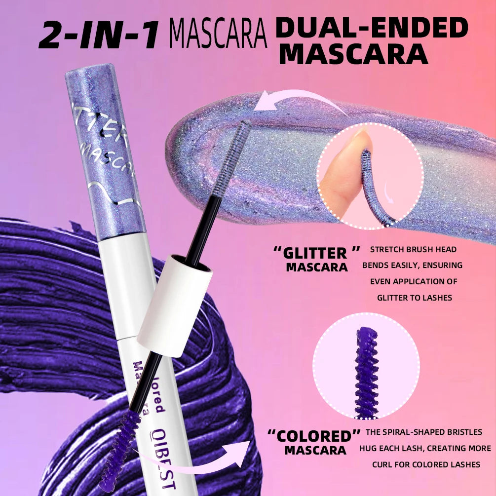 QIBEST Double Head Diamond Glitter Mascara Lasting Colored Mascara Eyelashes Pink Blue Green Red Brown Voluminous Mascara Rimel